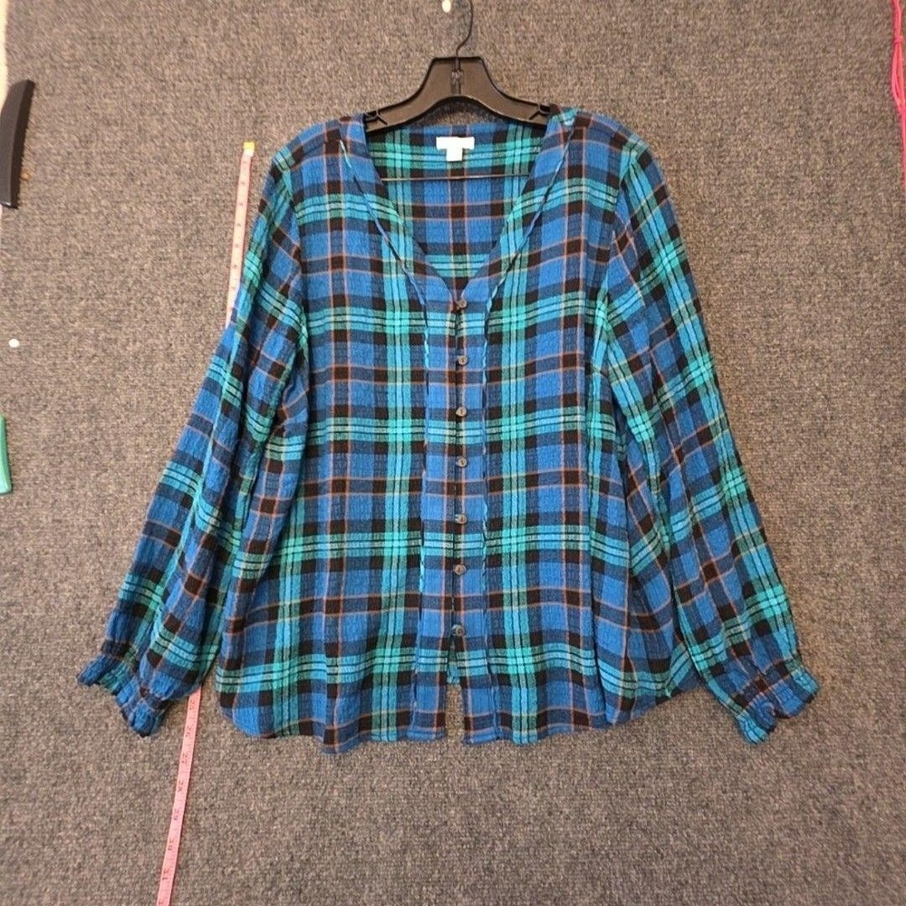 J. Jill Button Up Shirt Womens L Petite Blue Plaid Long Sleeve Textured Top